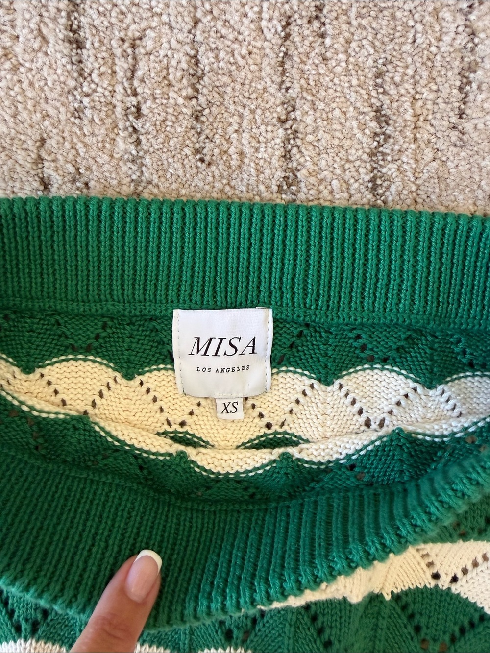 Misa Los Angeles Green and Cream Knit Skirt, Cardigan & Bralette Set - Picture 7 of 14